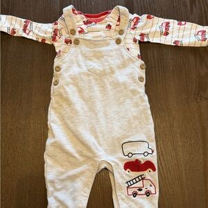 Kids Cream Overalls with Red Vehicle Appliqués
